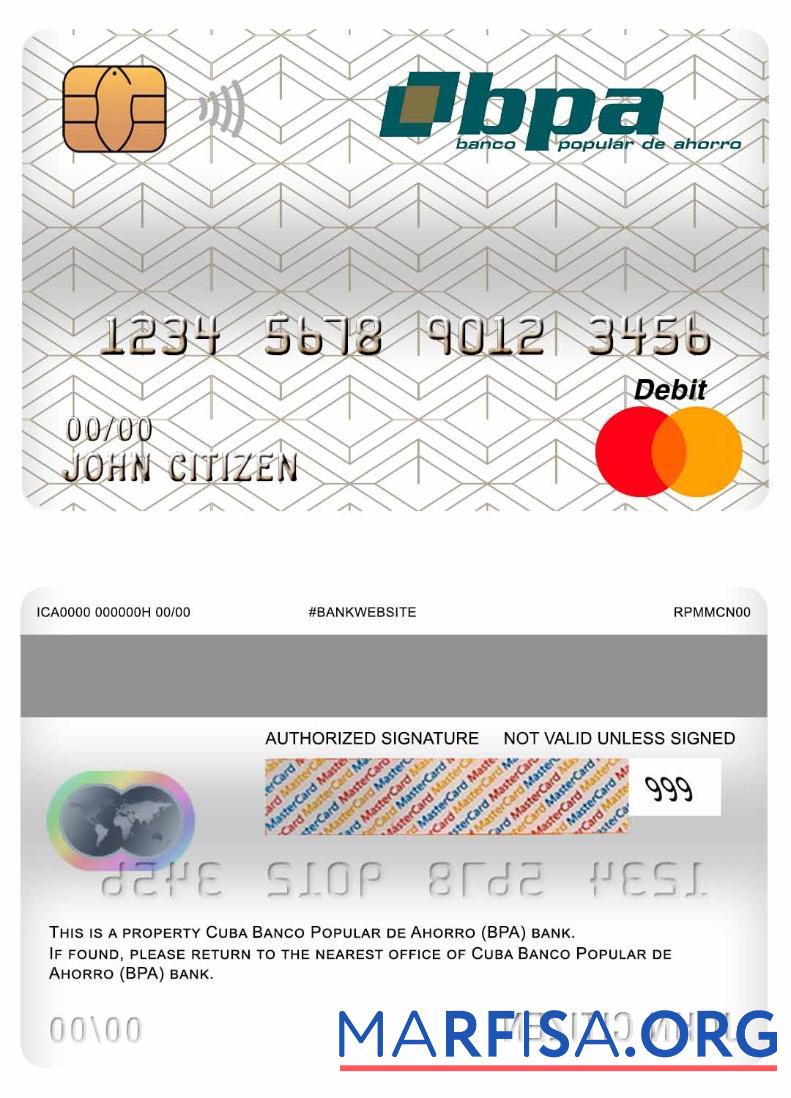 Realistic Cuba Banco Popular de Ahorro (BPA) bank master debit card sample